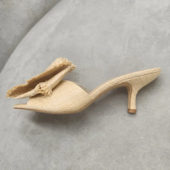 Gianni Bini Mules 8.5 Nude Beige Raffia Le Cadeau Kitten Heel Chunky Bow New$100 - Picture 10 of 16